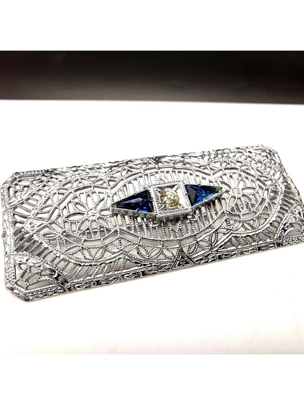 Antique Art Deco Silver Tone Filigree Brooch Faux Sapphire Glass Pin Shield 20s
